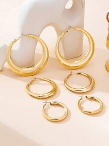 3对时尚简约金属圈形耳环，适合少女日常及节日佩戴 - 金色 - 查看 1