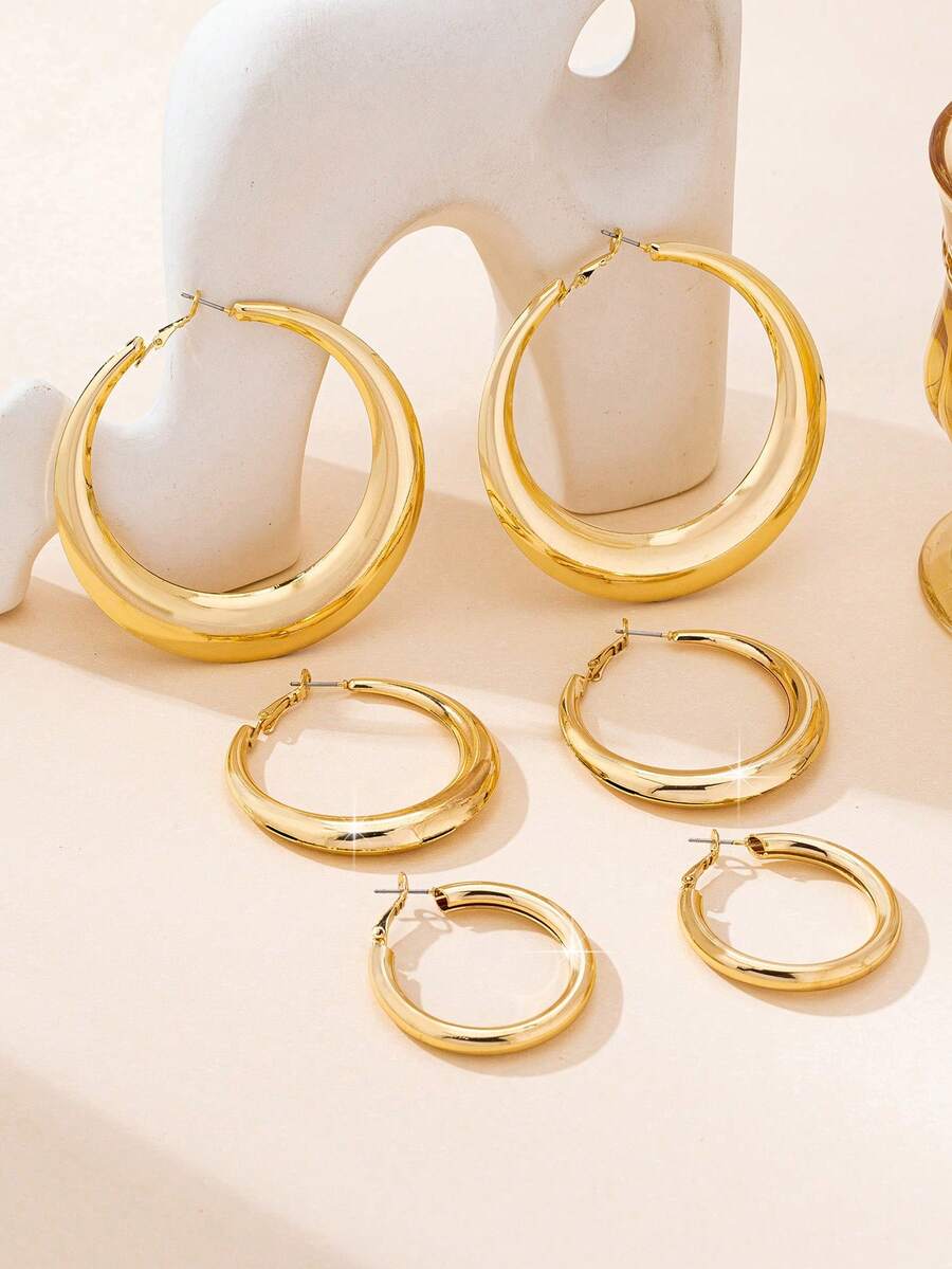 3对时尚简约金属圈形耳环，适合少女日常及节日佩戴 - 金色 - 查看 1