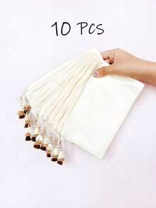 1个/5个/10个装帆布拉链带流苏收纳袋,旅行化妆包,化妆品收纳包,铅笔盒,适合度假、海滩、浴室、卧室使用,大容量 - 米色 - 查看 88