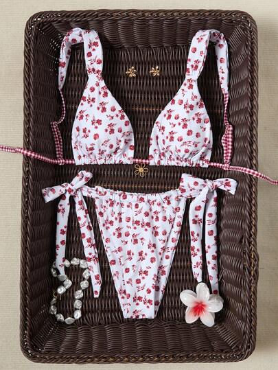 Printed Colorful Casual Beach Party Bikini 2 Pieces Set, Beach Wear With Backless Tie Design Vacation Summer