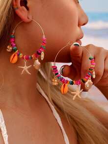 1 Pair Bohemian Style Colorful Shell/Starfish/Beaded Pendant Hoop Earrings, Women's Summer Beach Casual Vacation Accessory, Random Color Assortment - Colorful - View 20