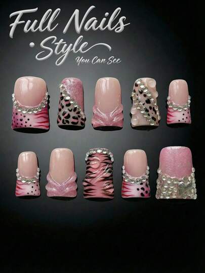 10 PCS Handmade Short Duck Press On Nails, Y2K Pink Leopard & Rhinestone French Tip With Nail Charms, Removable Reusable Nail Supplies Set (Jelly Glue & Nail File Incl.)