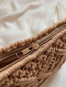 Bolso bandolera tejido bohemio de color sólido, bolso cuadrado pequeño tejido a la moda, adecuado para vacaciones en la playa, compras urbanas, elección perfecta para vacaciones en la playa, - Marrón - Ver 8