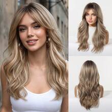 20 Inch Brown Wig With Blonde Highlights Wig Long Body Wave With Curtain Bangs , Machine Made Heat Resistant Synthetic Wig, Natural Looking Daily Wear Wig For Office & Party - Brown - View 12
