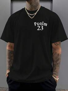 Men'S Psalm 23 Verse Print T-Shirt - Made Of 100% Polyester, Featuring A Regular Fit With A Round Neck And Short Sleeves, Suitable For Casual And Athletic Wear, Machine Washable. Inspirational Bible Verse Design, Casual Apparel, Bold Font Shirt - màu đen - Xem 2