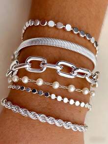 6pcs Vintage Elegant Bohemian Style Metal Multi-Element Faux Pearl Braided Snake Chain Linked Circular Disc Bracelet Set, Minimalist Exaggerated Design Suitable For Women & Men, Summer Beach Party Date Daily Wear Versatile Accessory - Silver - View 2