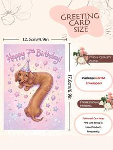 Chúc mừng sinh nhật lần thứ 7! Thiệp hình chó Dachshund dễ thương dành cho bé gái. - Nhiều màu - Xem 3