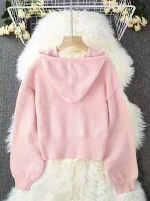Women's Casual Solid Color Front Button Long Sleeve Drawstring Hooded Knit Cardigan, Autumn/Winter - Baby Pink - View 2