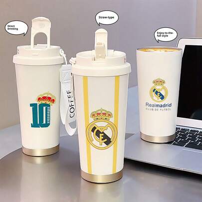 FIFA Cốc giữ nhiệt World Cup 520ml, cốc cà phê 3 trong 1 C.Ronaldo số 10, cốc du lịch dung tích lớn, uống trực tiếp/dùng ống hút/nhấp từng ngụm, bình nước bằng thép không gỉ, quà tặng cho người hâm mộ, cốc để trên xe hơi.