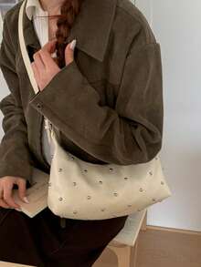 BEIKAMU Fashion Rivet Decor PU Crossbody Bag, Adjustable Shoulder Strap Zipper Closure Versatile Shoulder Bag Satchel, Suitable For University, Commuting, Shopping, Strolling, Daily Use - Beige - View 2