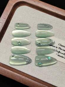 Handmade False Nails, Medium Almond Shape, French Mint Green Cat Eye Ombre, Metallic Finish, Hand-Painted Silver Framing, Sun Shape, Silver Beads, Sparkling Round Rhinestones, Luxury High-End Style, Fresh & Dreamy, Reusable - Mint Green - View 7