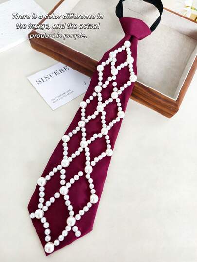 1pc Rhombus Pattern Casual Polyester Tie, Elegant Pearl Embellished Pre-Tied Fuchsia Statement Collar For Women, Office & Party Fashion Accessory