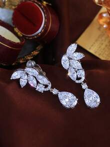 1 Đôi bông tai kẹp dáng dài hình giọt nước, mạ bạc, đính đá Cubic Zirconia trắng lấp lánh, không cần xỏ lỗ, thích hợp cho nữ dự tiệc cưới. - trắng - Xem 7