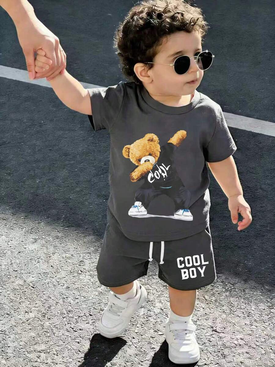 Baby Boy Cartoon Print Round Neck Short Sleeve T-Shirt And Shorts Set - Dark Grey - View 1