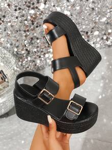 Women's Black Single Strap Platform Sandals, Summer Shoes, Must-Have For Shoe Cabinet - Black - View 2