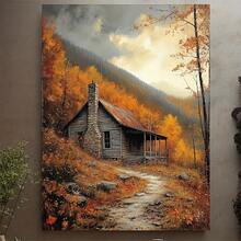 1 pieza, con marco, 30.48x40.64cm [2D Plano] Impresión en lienzo de granja abandonada, arte de paisaje rústico, pintura de montaña humeante, decoración de otoño para pared de sala de estar amplia, arte de pared, 2D Plano - Sin marco - Ver 2