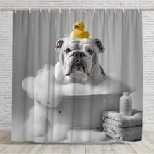 2D Flat  1pc A Bulldog-Themed Shower Curtain Featuring A Duck, Perfect For Adorning Your Bathroom. This Cute English Bulldog Design Is Made From Polyester Fabric, Measuring 70.8 By 70.8 Inches, And Comes With 12 Hooks. It'S Machine Washable - Only 1pc Shower Curtain - View 1
