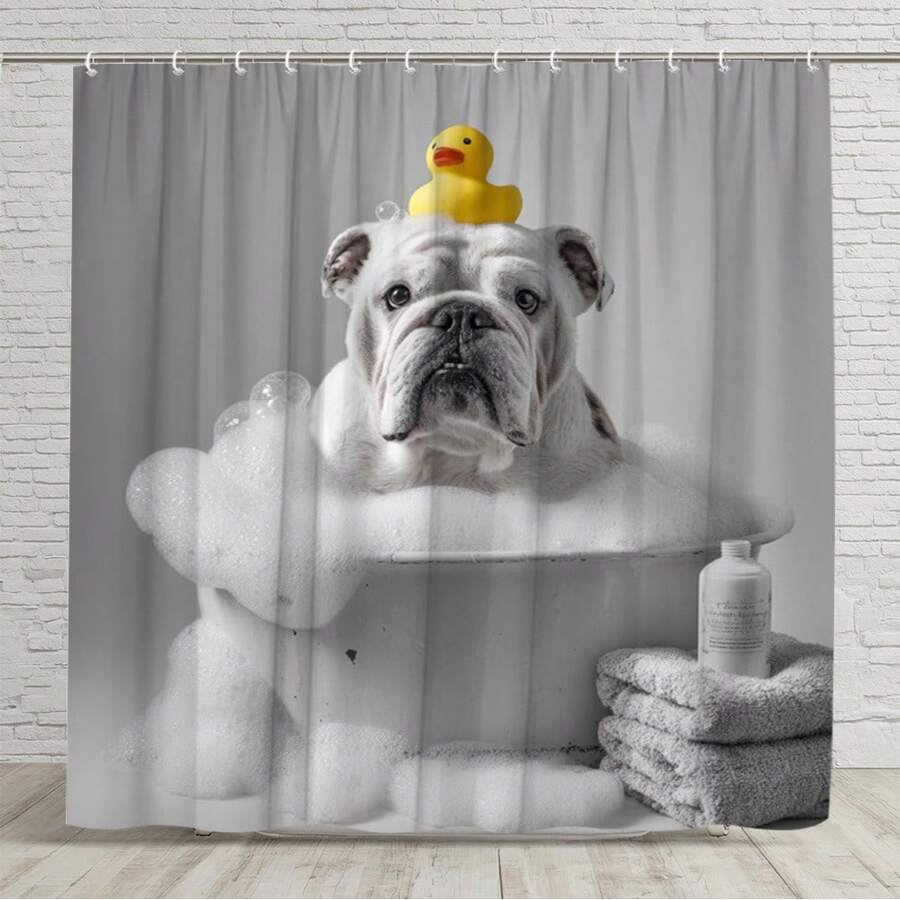 2D Flat 1pc A Bulldog-Themed Shower Curtain Featuring A Duck, Perfect For Adorning Your Bathroom. This Cute English Bulldog Design Is Made From Polyester Fabric, Measuring 70.8 By 70.8 Inches, And Comes With 12 Hooks. It'S Machine Washable - Only 1pc Shower Curtain - View 1