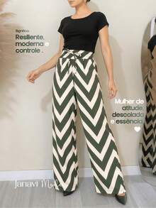 Women's Wide-Leg Pants, Zig Zag Style, Old Money Style, Elegant, Loose Fit, Comfortable, Chic - 軍綠色 - 查看 3