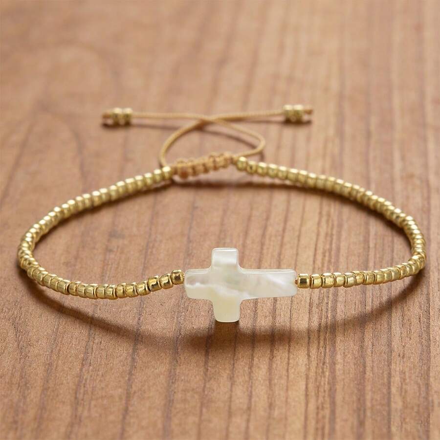 1条波西米亚风串珠手链，包含心形、十字架、星星、四叶草和贝壳图案，可调节长度，适合女性日常和度假佩戴，也是一份很棒的生日礼物。 - 彩色 - 查看 1