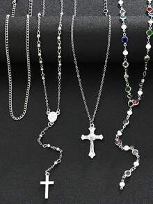 Set de 4 collares de cadena con cristales coloridos de moda, collar largo en forma de Y y collar de cruz, adecuado para viajes, citas, fiestas (color de cristal aleatorio) - Multicolor - Ver 4