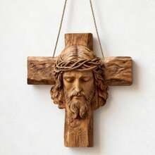 2D打印木质耶稣基督十字架墙饰，仿古风格人造木，适用于家居、教堂、教室和户外场所，是复活节、圣诞节、新年等节日的完美宗教礼物，无需用电，不含羽毛。 - 666 - 查看 1