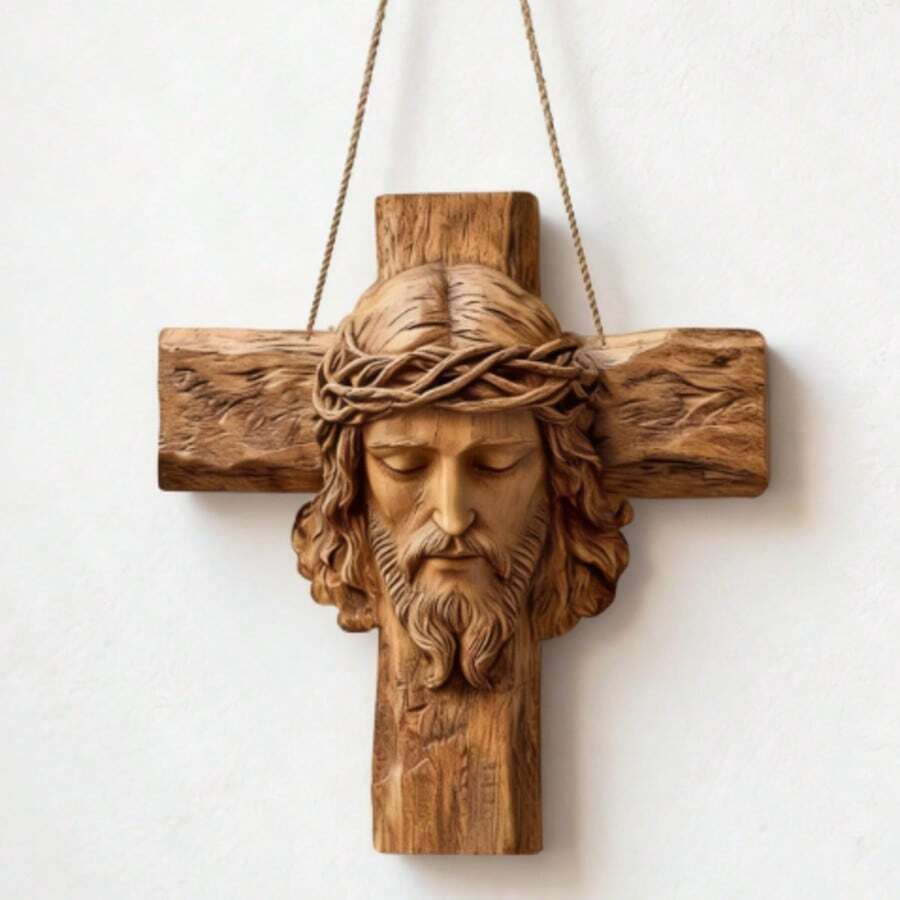 2D打印木质耶稣基督十字架墙饰，仿古风格人造木，适用于家居、教堂、教室和户外场所，是复活节、圣诞节、新年等节日的完美宗教礼物，无需用电，不含羽毛。 - 666 - 查看 1