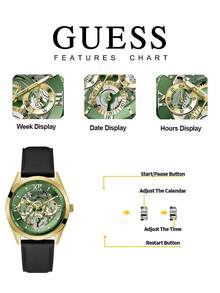 Guess Đồng hồ nam, đồng hồ thạch anh nam, có dây đeo bằng da, vỏ bằng thép không gỉ. - màu xanh lá - Xem 6