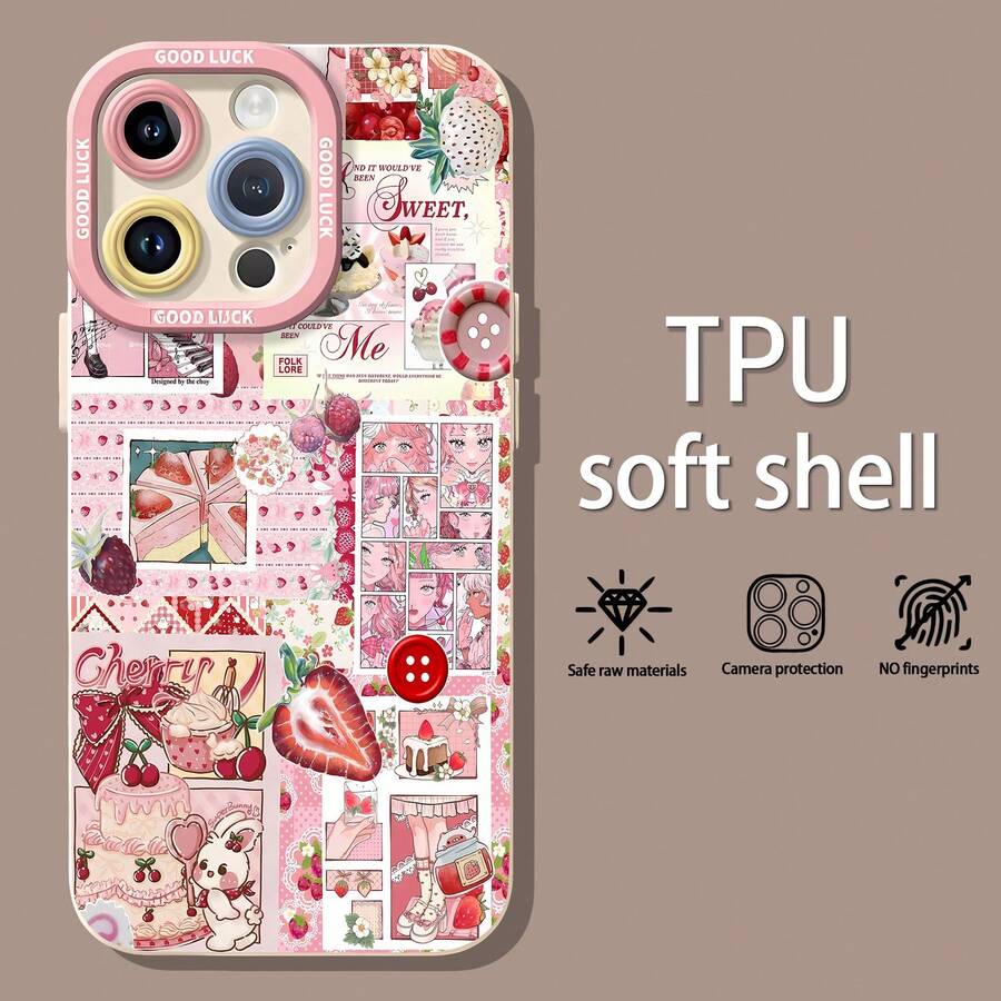 Tema de collage de postre de fresa con conejito rosa adorablefunda de teléfono Fundas compatibles con ,Apple,VIVO,OPPO,,, y Honor.Fabricadas en silicona TPU,ofrecen protección contra golpes y caídas. - Blanco - Ver 1