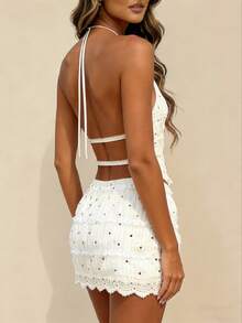 Women Y2k Mini Skirt Sets Backless Tie Up Crop Halter Top And Smocked Lace Mini Skirt 2 Piece Beach Outfit - 杏色2 - 查看 4