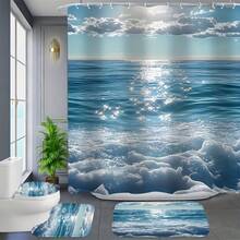 1/4 Packs Of UAXIEP Fresh Wave Bath Curtain. Fresh And Soothing, Simple And Elegant, Waterproof And Easy To Maintain. Includes A Waterproof Divider Multi-Functional Bath Curtain, 12 Hooks, A Non-Slip Bathroom Mat, U-Shaped Toilet Mat, Toilet Lid Mat, Bathroom Decorations, And Bathroom Dividers. Essential For Home Use. The Store Offers Various Styles To Choose From. - A - View 4