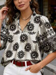 Women's Loose Fit Sunflower Print Petal Sleeve Blouse, Spring/Summer Vacation - Black and White - View 8