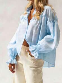 Women's Fashionable Plaid Regular Blouse With Collar And Button Front, Long Sleeve With Ruffle Hem Spring - Baby Blue - View 10