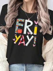 A ladies' fitted round-neck T-shirt with creative lettering, pencil and ruler pattern prints, is a must-have top for summer casual wear - Negro - Ver 3