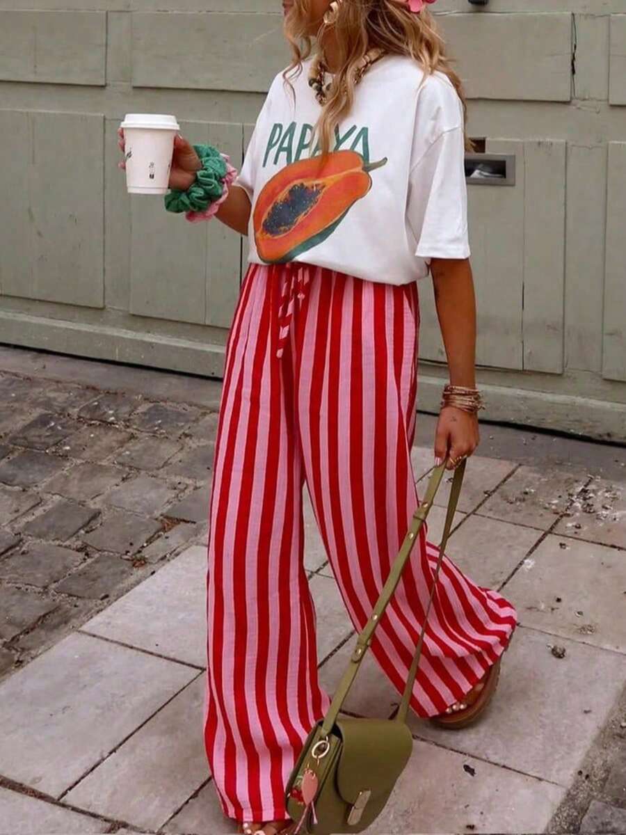 Casual Chic Minimalist Striped Textured Design Loose Fit Everyday Versatile Striped Pants Spring - Multicolor - View 1