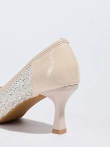 Damen High Heel Pumps, neue nude Farbe mit funkelnden Strass-Mesh, atmungsaktiv, spitzer Zehenbereich, Kittenferse, geeignet für Hochzeitsfeiern, formelle Kleider - Aprikosenfarben - Übersicht 7