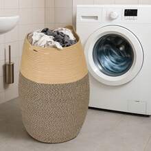 105L Extra Large Cotton Rope Laundry Hamper, Foldable Storage Basket For Laundry - Black Mix Jute - View 5