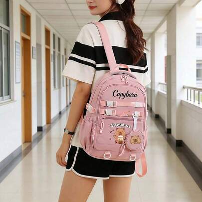 Capybara Casual Backpack | Lightweight Polyester School Bag With Adjustable Straps | Large Capacity | Zip Closure & Front Pocket | Playful Cartoon Design | Ideal For Students, Backpack For School, Back To School Supplies School Essentials