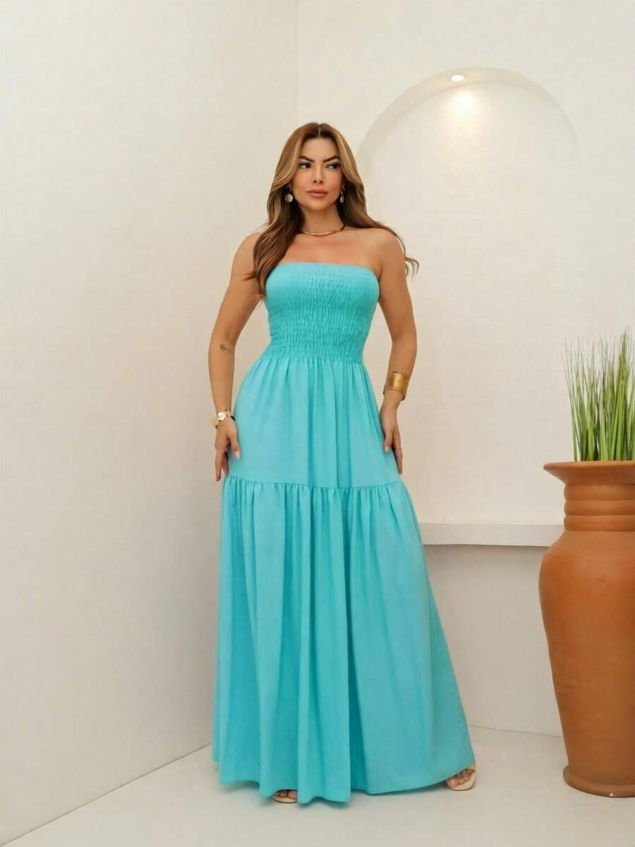 RAINBOW Strapless Long Dress Plain Printed Viscose Cheap Size 36-42 With Elastic Casual Elegant Women's For Versatile And Comfortable Looks - 56-西亞諾藍 - 查看 1
