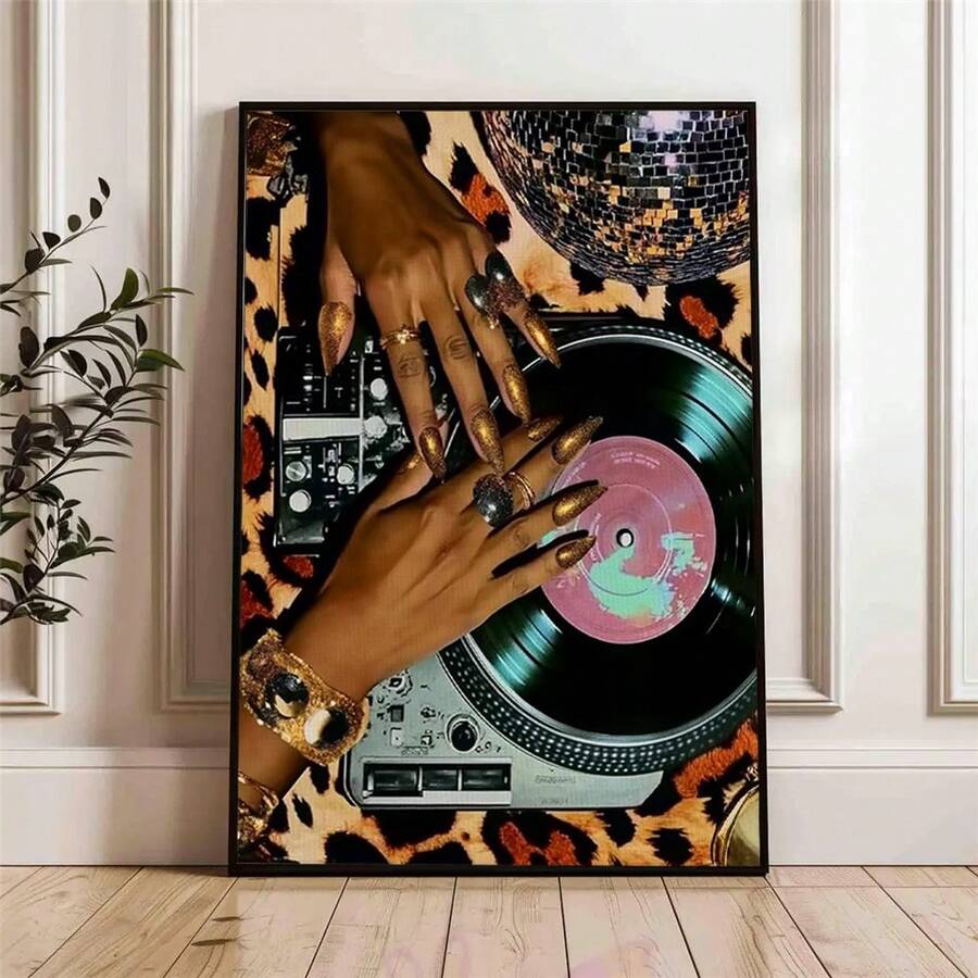 1pc Unframed Funky Leopard Vinyl Record Canvas Poster, Retro Musician CD Record Player Art Print, Afro Boho Decor For Bedroom Living Room Dorm Salon, Chic Aesthetic Ornament, Perfect Housewarming Gift For Vintage R&B Music Lovers - Multicolor - View 1