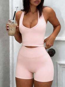 GAOVOT Women's Sexy V-Neck Camisole Top And High Waist Shorts Set, Suitable For Yoga, Fitness, Running, Pilates And Gym Pink Summer - 粉色 - 查看 3