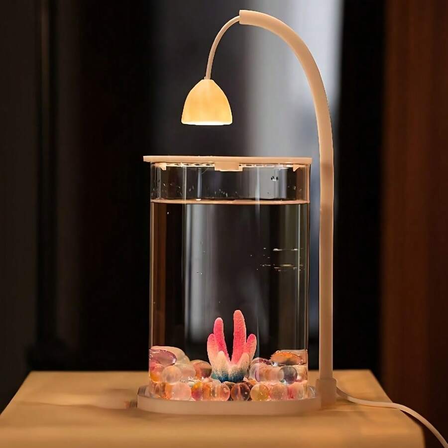 Mini Desktop Aquarium, 360° HD Full-View High-Transparency Fish Tank, USB-Powered LED Lighting, Compact Aquarium, Perfect For Home, Office, And Educational Use (White)