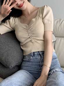 Women's Solid Color Minimalist Short Sleeve Knit Top, Everyday Wear Summer - Apricot - View 5