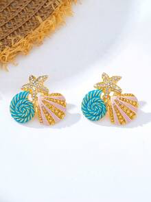 1 Pair Metal Enamel Starfish & Shell Pendant With Rhinestones, Suitable For Women's Beach Vacation, Party And Daily Wear - Blue - View 5