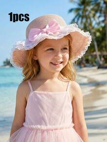 1 pieza Sombrero de paja con gran lazo rosa y volantes ondulados para niñas, sombrero de paja transpirable y ligero para protección solar en verano, playa/deportes al aire libre, apto para niños de 3 a 8 años - 1PC - Ver 2