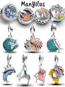 Bộ mặt dây chuyền Manyilus bằng bạc Sterling 925 chủ đề biển mùa hè, hình ảnh động vật biển, rùa, cá heo đính đá CZ, phù hợp với vòng tay và dây chuyền nguyên bản, quà tặng trang sức tự làm cho kỳ nghỉ dành cho phụ nữ. - Nhiều màu - Xem 12