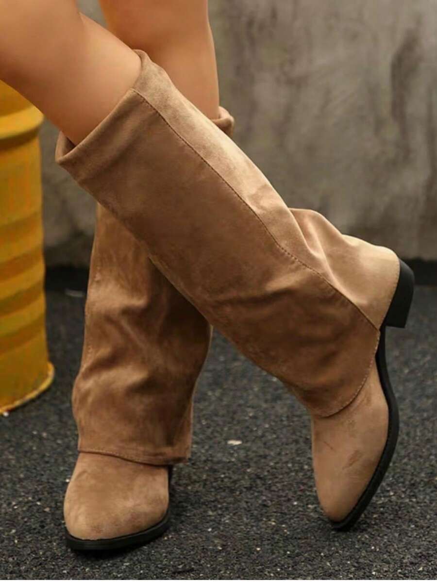 Suede Knee-High Boots For Autumn/Winter, French Style With Chunky Heel And Pointed Toe. Ref 9002 - Beige - View 1