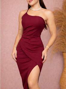 Long Draped, Single-Strap, Slit Dress - Maroon - View 6