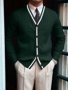 Men's Vintage Coin Pattern Cardigan Jacket, Suitable For Autumn/Winter, Can Be Worn With Suit And Shirt - Dark Green - View 1