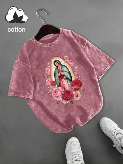 女士休闲瓜达卢佩女士印花粉色玫瑰和酒红色玫瑰装饰圆领短袖T恤，春夏秋季款